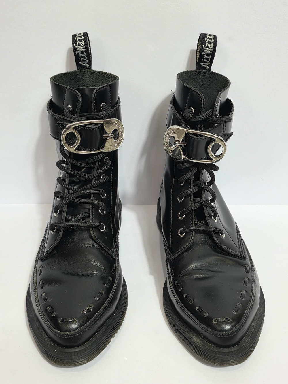 Dr. Martens Geordin Black Leather Lace-Up Boots with Silver Buckle Size US 6L